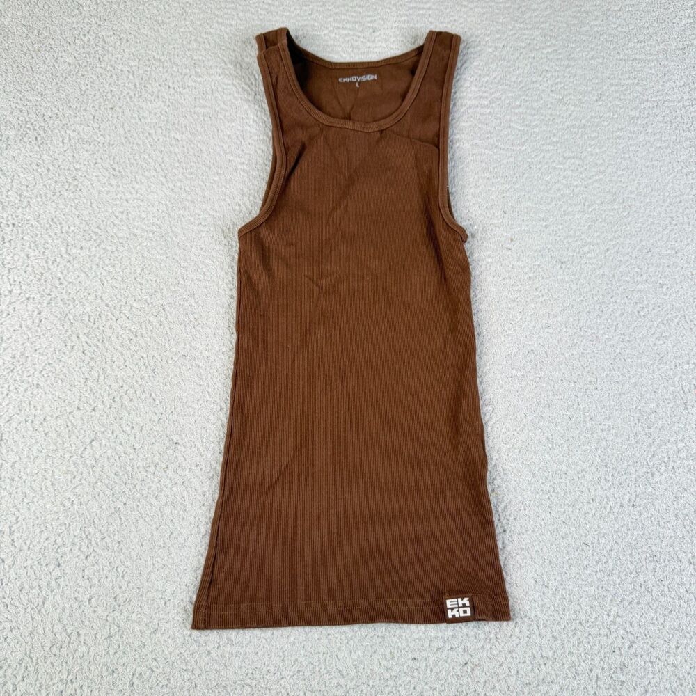 RIBBED TANK TOP Women L Brown Knit Stretch Athletic Fitness Training Ekkovision